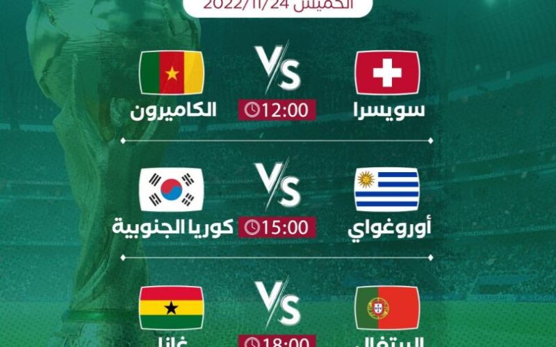 مواعيد مباريات اليوم الخميس 24-11 في كأس العالم قطر 2022 والقنوات الناقلة
